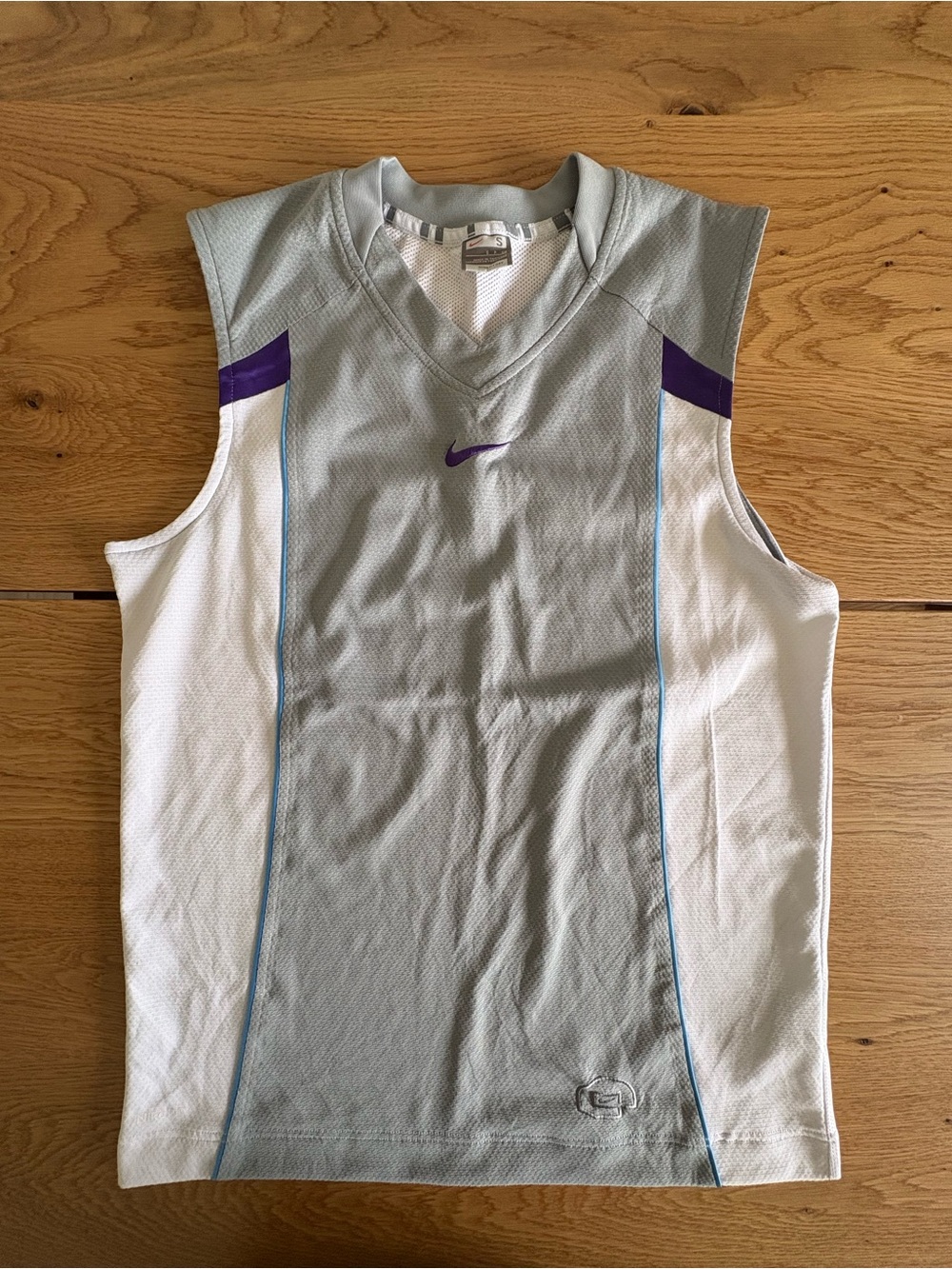 Vintage Nike Fit Dry Mesh Athletic Tank Top Gray White Purple Mens Size S